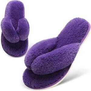 Joinfree Womens Large 9.5 Purple Fuzzy Thong Open Toe Flip Flop Slippers Shoes